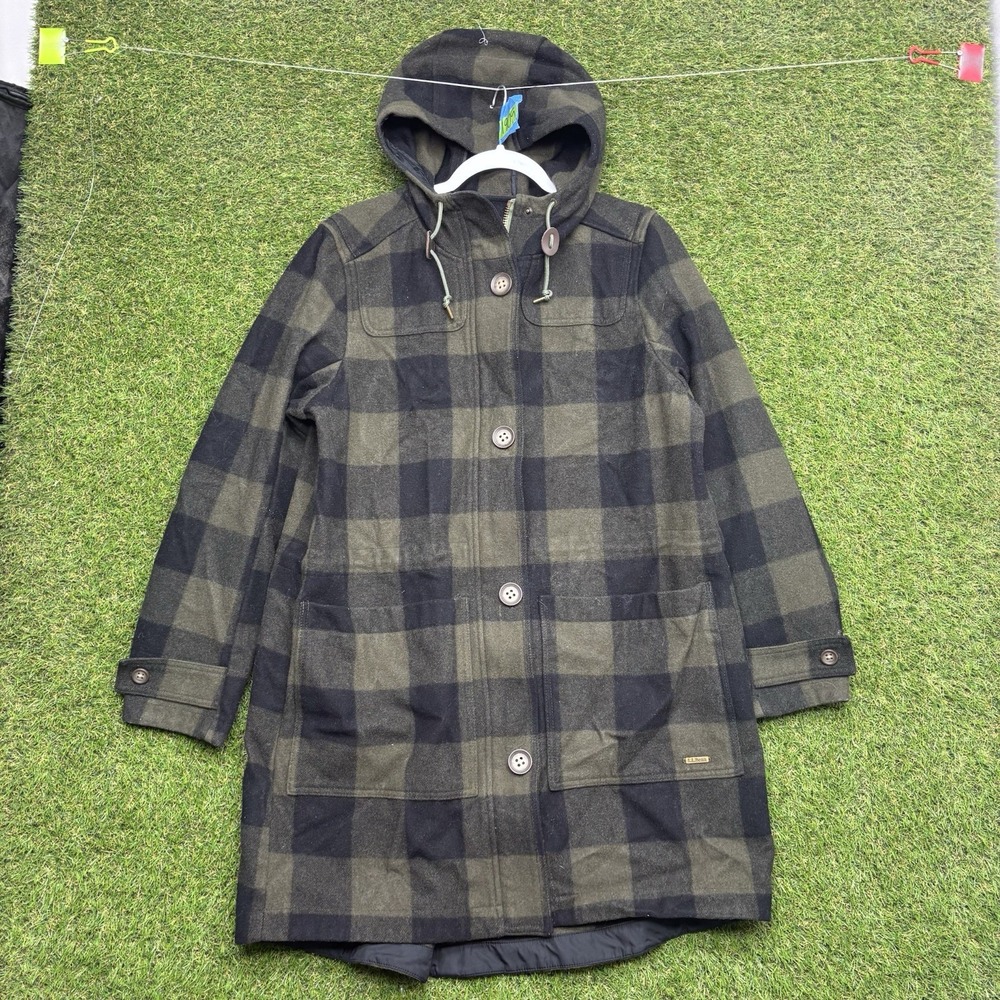 LL Bean Wool Jacket Womens XL Long Green Plaid Button Up Field Coat Outdoor